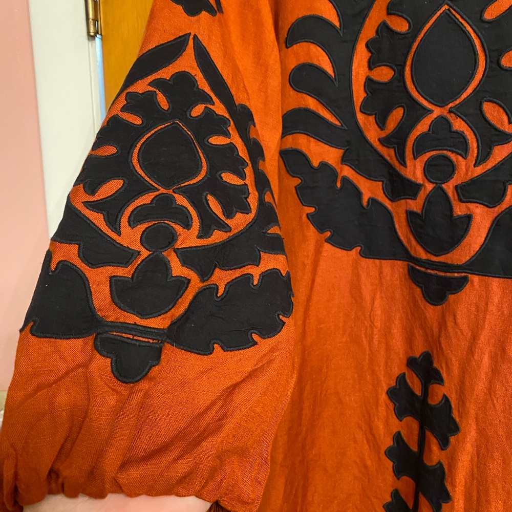 Chicos Appliqué Rust Orange & Black Lined Jacket Linen Blend Gorgeous XL Sz. 16 - Picture 3 of 10